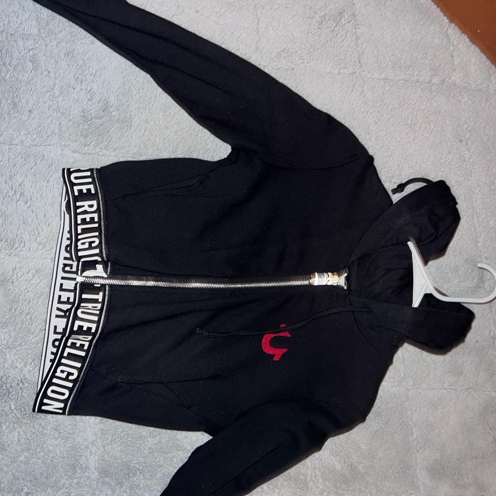 True Religion Black Hooded Jacket with Red Logo and Zip Closure